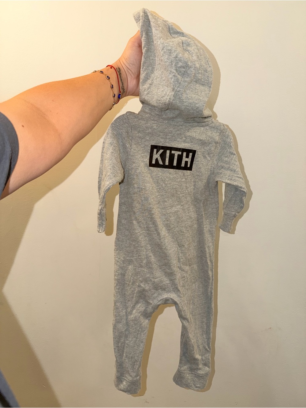 Kith Light Gray Hooded Baby Romper with Black Logo 6months
